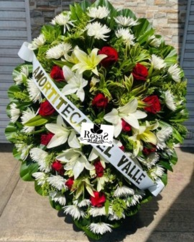 Corona fúnebre rojo y blanco floristeria en cali