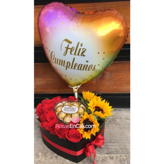 Corazòn rosas, girasoles y chocolates en cali
