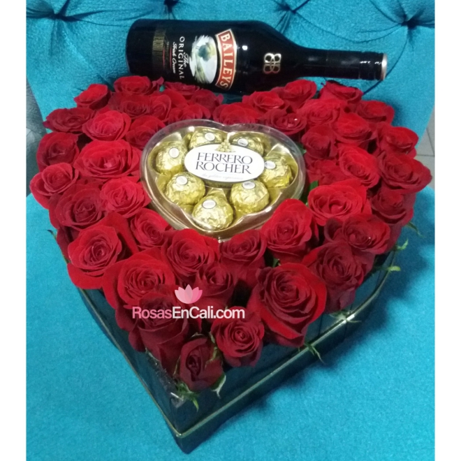 Corazon rosas chocolates y Baleys en Cali